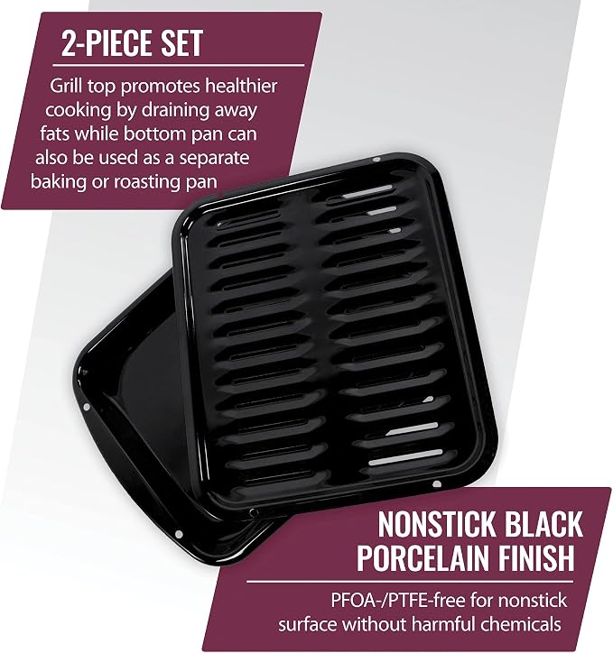 Certified Appliance Accessories Large 2-Piece Broiler Pan & Grill Set Porcelain-on-Steel 16-1/2"x12-3/4"x1-3/4", Universal, Whirlpool, Broiler Pan for Oven, Black