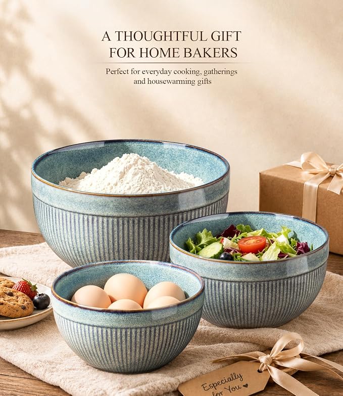 GBhome Ceramic Mixing Bowls Set of 3, Stoneware Nesting Serving Bowls, | 45/90/150 oz For Prep, Baking, Serving, Gift, Microwave and Dishwasher Safe, Ribbed Dishware Collection,Ceylon Blue