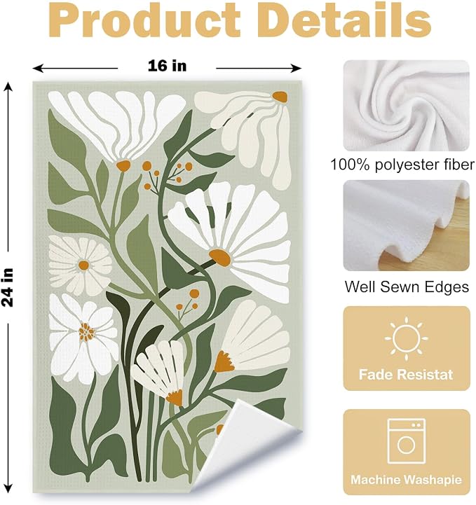 Abstract Boho Sage Green Floral Kitchen Towels Set of 2, 70s Retro Groovy Boho Botanical Dish Tea Towels for Kitchen Decor, Mid Century Modern Hand Towels for Bathroom Decor, 16x24 Inch
