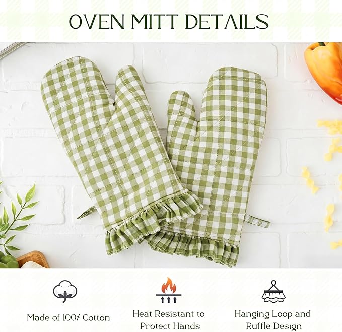 Twistover Checkered Oven Mitts 2-Pack Set, Cotton Gloves,Green | 13.5x6.5 Inch Size with Ruffle Trim, Non-slip Heat Resistant for Baking BBQ Microwave, Plaid Cotton for Cooking