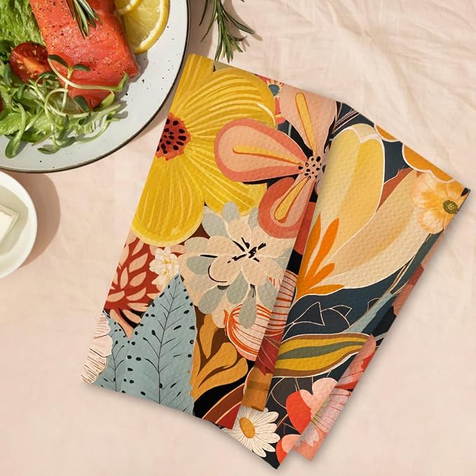 Abstract Boho Floral Kitchen Towels Set of 2, Maximalist Colorful Flower Hand Towels for Bathroom Decor, Mid Century Modern Dish Tea Towels for Kitchen Decor, 16x24 Inch