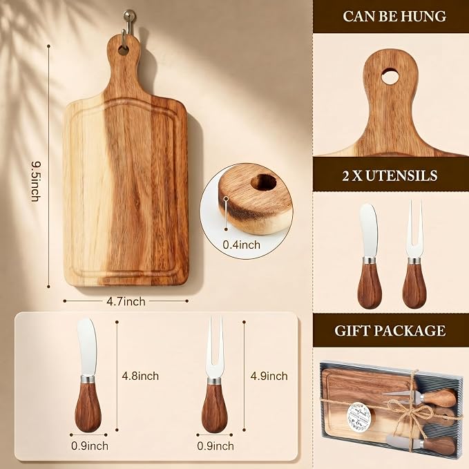 1 Set Bridal Shower Favor Prizes Charcuterie Board,Acacia Wood | Acacia Wood Cheese Board with Knife Fork Thank You Tag, Gift Box for Guests, Valentines Wedding Baby Shower Party Favors