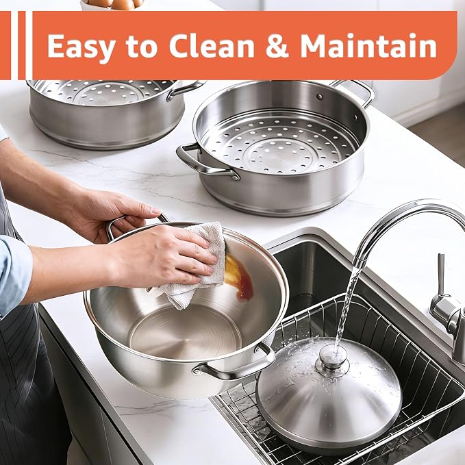 LOLYKITCH 8-Quart/ 30CM Stainless Steel Steamer Pot - 3 Tier Steamer | Steamer for Cooking Dumplings & Veggies, 12 Inch Large Induction Stock Pot for All Stovetops, Heavy Duty