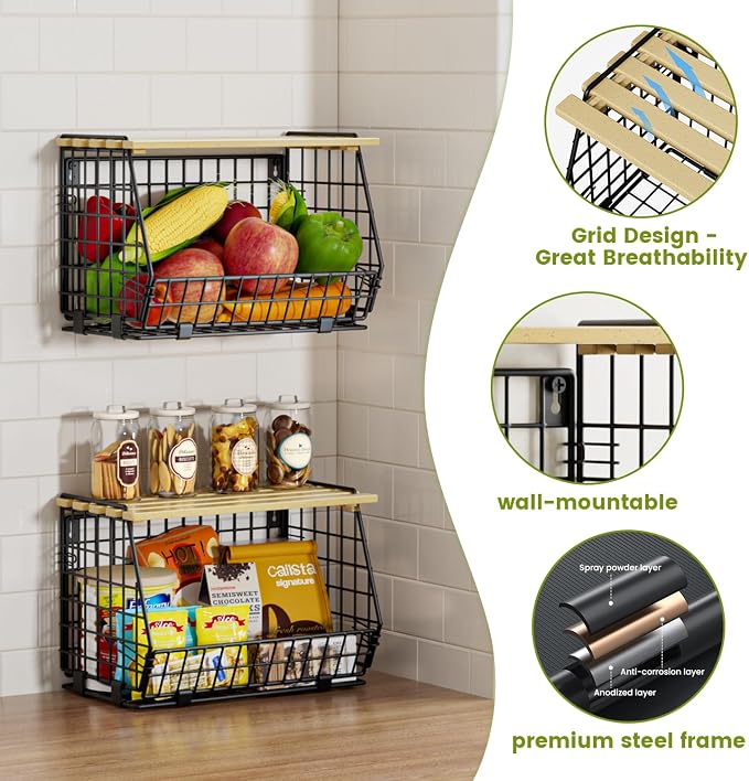 Hanging Fruit Basket for Kitchen, 3 Pack Vegetable Produce Basket | Wall Mounted & Countertop Wire Storage Basket for Potato Onion Fruits Vegetables, Pantry Organizers Storage