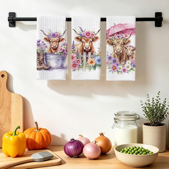 Jztco 3 Pcs Cow Kitchen Towels, Colorful Flower Soft Absorbent Hand Towels | Cow Gifts for Women Grandma Mom, Microfiber Dish Cloths for Drying Dishes, Waffle Dish Towels for Kitchen Bathroom Decor