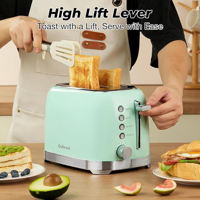 Toaster 2 Slice Retro Stainless Steel, Aqua Green | 1.5” Extra Wide Slots with Bagel, Defrost, Reheat, Cancel Functions, 6 Bread Shade Settings, Removable Crumb Tray