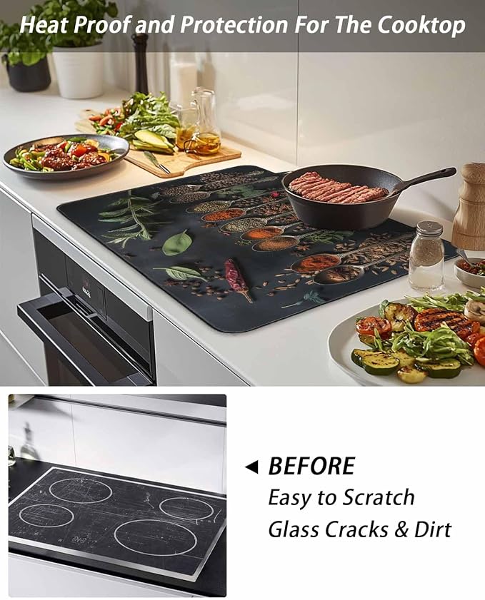 Stove Top Covers for Electric Stove 28.5x20.5 Inches, Kitchen HeatResistant Glass Cooktop Protector, Condiment Leaves Pepper Beans Cooking Utensil Ceramic Stovetop Countertop Covers Mat, Oven Cover