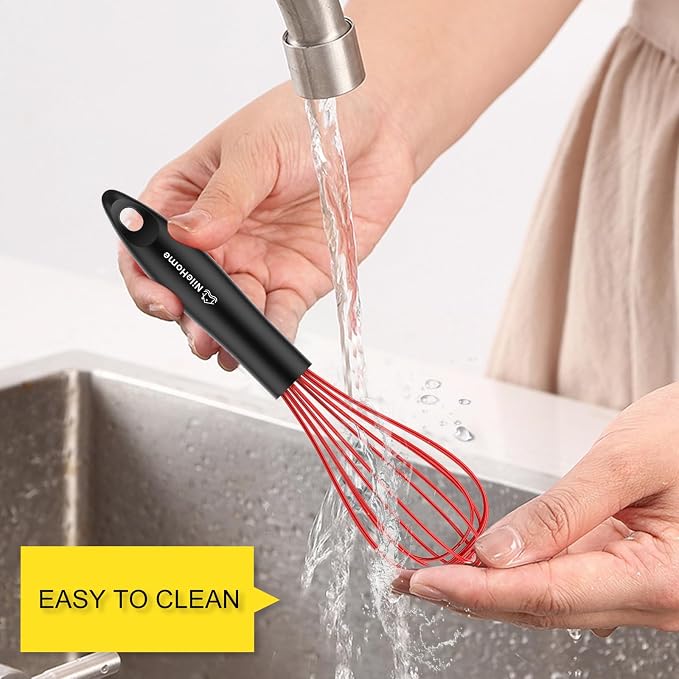 NileHome Silicone Whisk 10", Kitchen Whisk Kitchen Wisk Wire Whisks for Cooking, Whisking, Blending, Beating, Stirring-Red