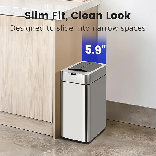 SYNCVIBE Slim Bathroom Trash Can, 2.6 Gallon, Butterfly Sensor Lid, Silver | Stainless Steel Garbage Can, Automatic Trash Bin, IPX5 Waterproof Wastebasket for Under Counter and Small Spaces