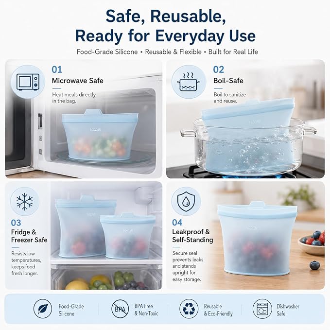 Reusable Silicone Food Storage Bags, 3 Pack 17/34/50 oz, Snack & Meal Prep(Blue)