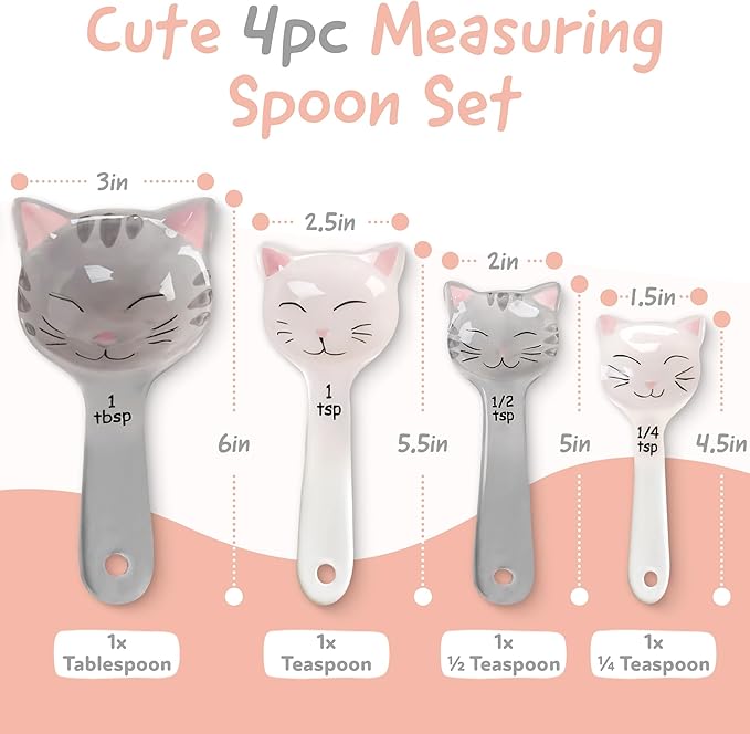 Cat Shaped Ceramic Measuring Spoons - Gift for Any Cat Lover - Cat Ceramic Measuring Spoons Baking Tool - Creative Functional Kitchen Decor - Comes in White and Gray - Set of 4