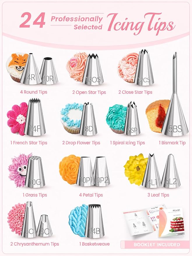 RFAQK 90PCs Cake Decorating Kit with Leveler, Baking Supplies Gift Includes Cake Stand Turntable, 24 Numbered Icing Tips, 55+1 Piping Bags, 2 Frosting Spatulas, 6 Scrappers, Video Course & Booklet
