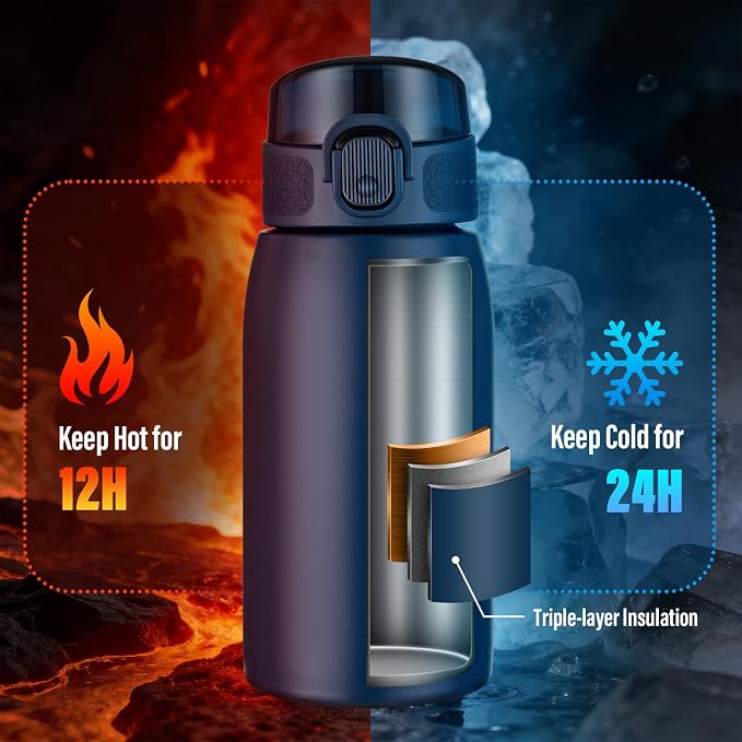 Insulated Water Bottle 12 oz with Dustproof Lid, Carry Handle & Tea Infuser, BPA-Free & Leakproof, Stainless Steel Water Bottles Ideal for Fitness, Hiking, Office & Outdoor Use （Dark Blue ）