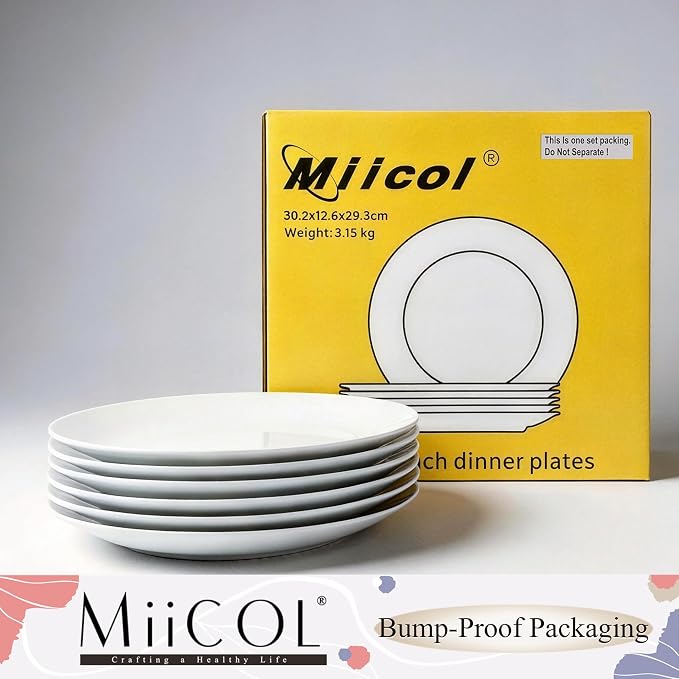 Miicol Ceramic Dinner Plates Set of 6, White Dessert Plates 9 Inch, Modern Round Porcelain Dishes for Steak, Pasta, Salad, Fruit, Microwave & Dishwasher Safe, Stackable