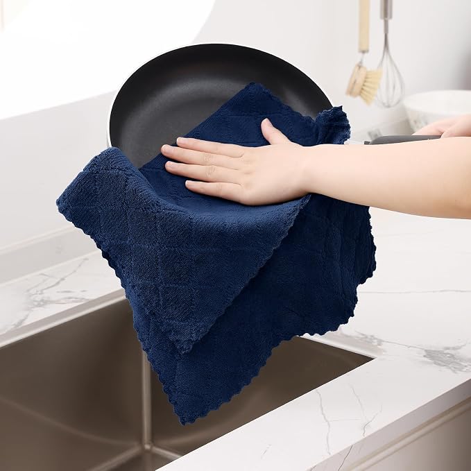Homaxy 12 Pack Super Soft Absorbent Dish Towels, 13" x 19", Navy Blue | Coral Velvet, Nonstick Oil Fast Drying Microfiber Cleaning Cloth, No Lint Dishcloths for washing and drying