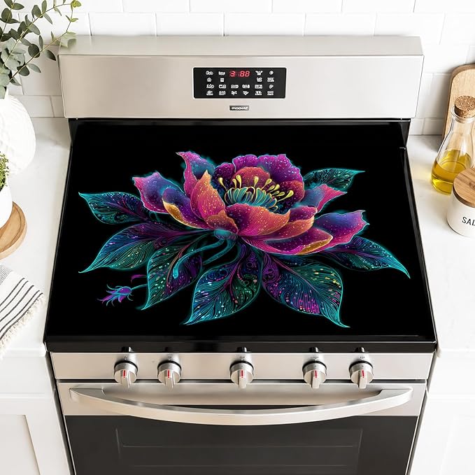 Boho Floral Stove Top Cover 28x20 Inch Glass Stove Cover | Heat Resistant Cooktop Protector Mat with Non-Slip Backing, Scratch Protection and Countertop Drying Mat.
