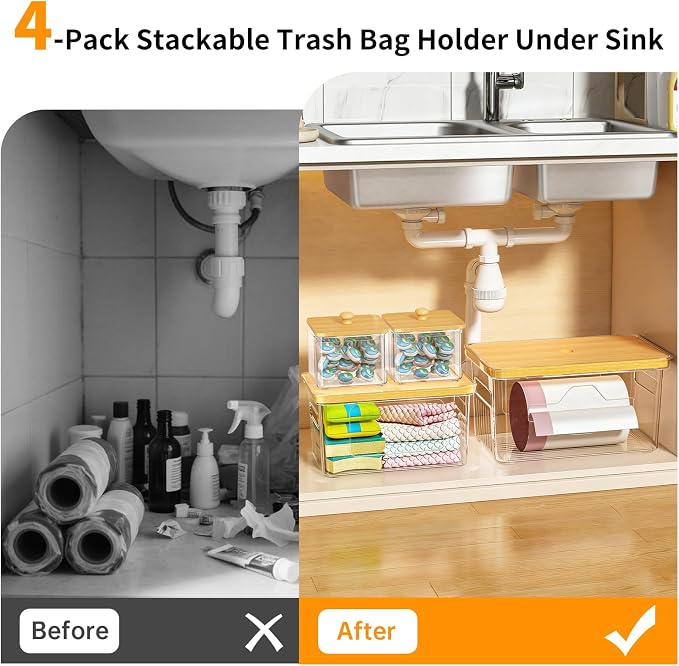 FELIZHOUSE 4 Pack Trash Bag Holder with Bamboo Lid, Stackable Garbage Bag Dispenser Under Sink, Storage Organizer for Kitchen, Laundry, Pantry (S+S+M+L)