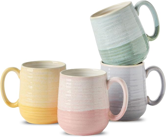 HASENSE 15oz Coffee Mugs Set of 4, Ceramic Coffee Cups with Handle for Tea, Cocoa, Latte, Milk, Porcelain Large Coffee Mugs for Kitchen, Coffee Bar, Rainbow