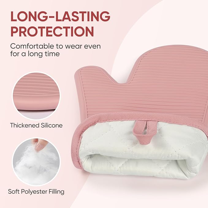 YUTAT Silicone Oven Mitts,High Heat Resistant Up to 500 Degrees,Waterproof Cooking Gloves with Soft Polyester Filling,Kitchen Potholder Set - Perfect for BBQ,Baking and Cooking,Pink,2 Pcs Set