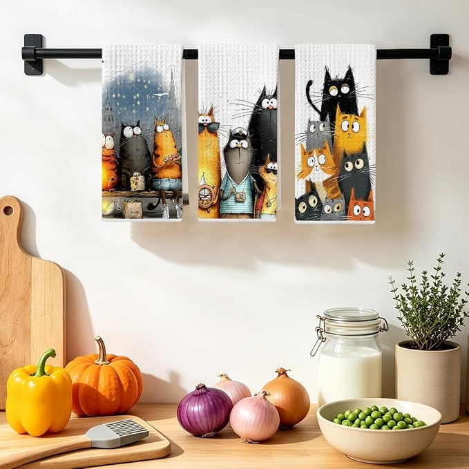 3 Pcs Cute Cat Kitchen Towels, Funny Cats Gifts Absorbent Hand Towels-04 | Cat Dish Cloths for Drying Dishes, Cats Waffle Dish Towels for Kitchen Home Bathroom Decor, Cat Lover Gifts for Women Mom