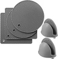 6PCS Silicone Oven Mitts and Pot Holders Sets - 2 x Pot Holders for Kitchen Heat Resistant, 2 x Silicone Trivet for Hot Dishes, 2 x Non-Slip Mini Oven Gloves, Grey