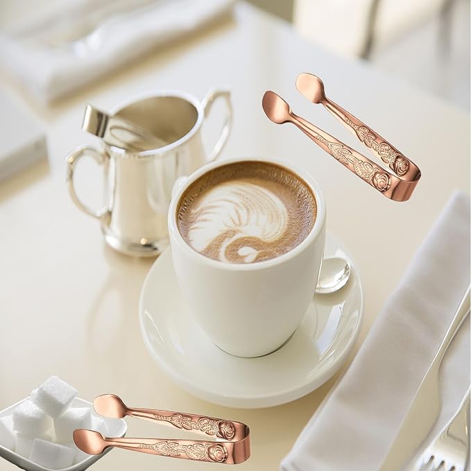 Mini Serving Tongs, 6PCS Small Rose Sugar Cube Tong, Small serving tongs Stainless Steel Ice Tong, 4Inch Rose Gold tongs for Kitchen, Appetizers, Coffee Bar, Salad, Desserts and Charcuterie Board