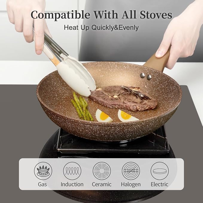 Innerwell Nonstick Ceramic Frying Pans Skillets Set with Lid 8"+9.5"+11" | No Toxic Egg Omelette Frying Pan Set, All Stove Compatible, Healthy Granite Induction Cooking Pan, PFOA & PFAS Free, Gold