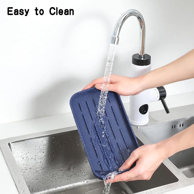 MicoYang Silicone Kitchen Sink Organizer Tray for Multiple Usage,Eco-Friendly Sponges Holder for Kitchen Bathroom Counter or Sink,Dish Soap Dispenser,Scrubber,Bottle,Cup (Navy Blue, 10"×5.3")