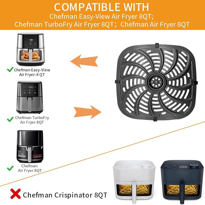 Air Fryer Grill Pan for Chefman Easy View 8 Qt TurboFry 8 Qt 4-in-1 Air Fryer,Food Grade Air fryer Accessories Replacement Tray Rack Parts Grill Crisper Plate with Rubber Bumpers, Dishwasher Safe