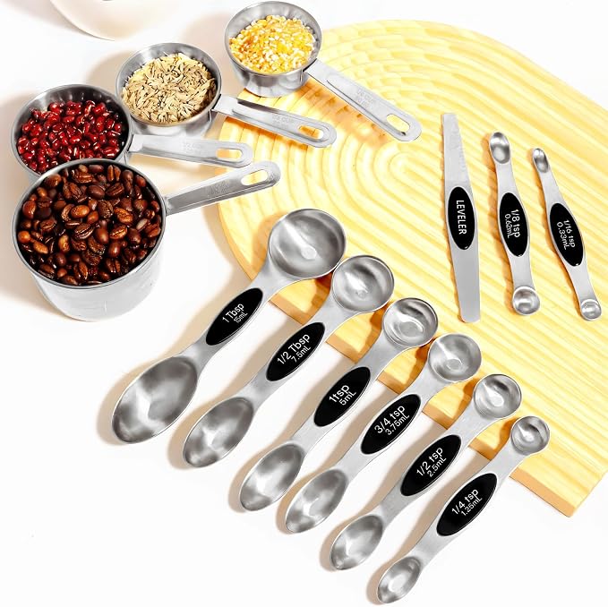 13pcs Stainless Steel Measuring Cups and Spoons Set, 8 Double-Sided Magnetic Measuring Spoons Set & 4 Metal Measuring Cups & 1 Leveler for Kitchen Dry & Liquid Cooking Baking