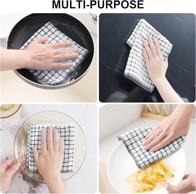 Kitinjoy Cotton 12 Pack Terry Kitchen Dish Cloths, Grey | 12 x 12 Inches Super Soft and Absorbent Dish Rags, Quick Drying Dish towels for Washing Dishes