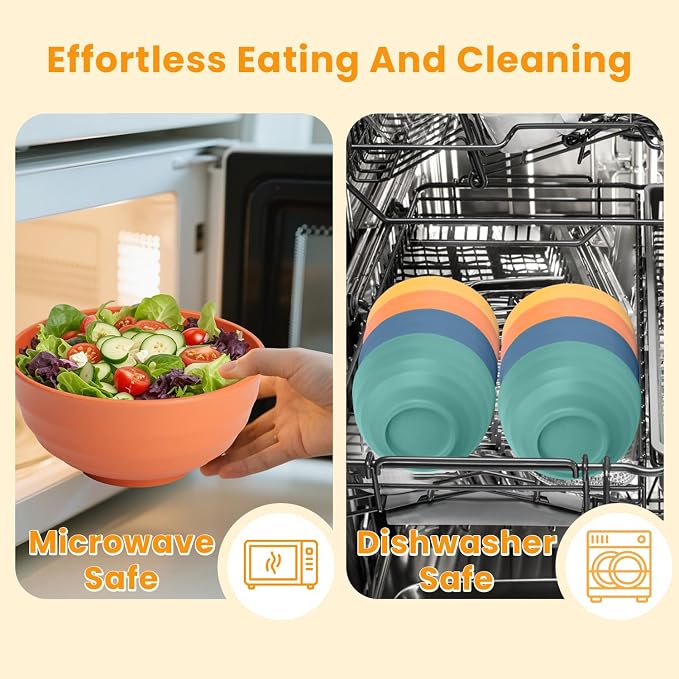 Large Bowls, 60 Oz Salad Bowls, Large Cereal Bowls, 8PCS Unbreakable Wheat Straw Serving Bowls for Pho, Popcorn, Soup & Oatmeal, Microwave & Dishwasher Safe for Kitchen, Camping (Multi)