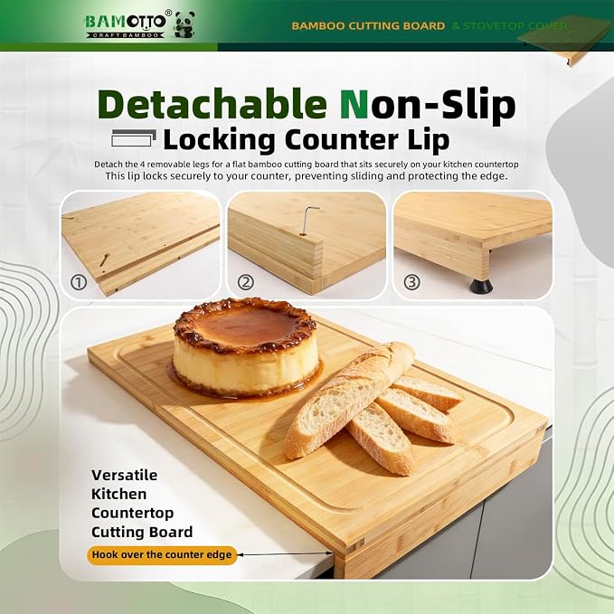 BAMOTTO CRAFTBAMBOO 16 x 22 Inch Bamboo Cutting Board Stovetop Cover | Detachable Support Legs | Detachable Front Lip | Over-the-Sink Board | RV Camper and Home Kitchen