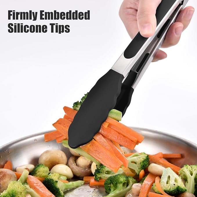 Doosu Kitchen Tongs with Silicone Tips for Cooking Serving (9+12in, Black) | 600°F Heat Resistant Food Tong, Heavy Duty Stainless Steel Locking Tong for BBQ, Grilling Steak, Salad, Toast, Pasta