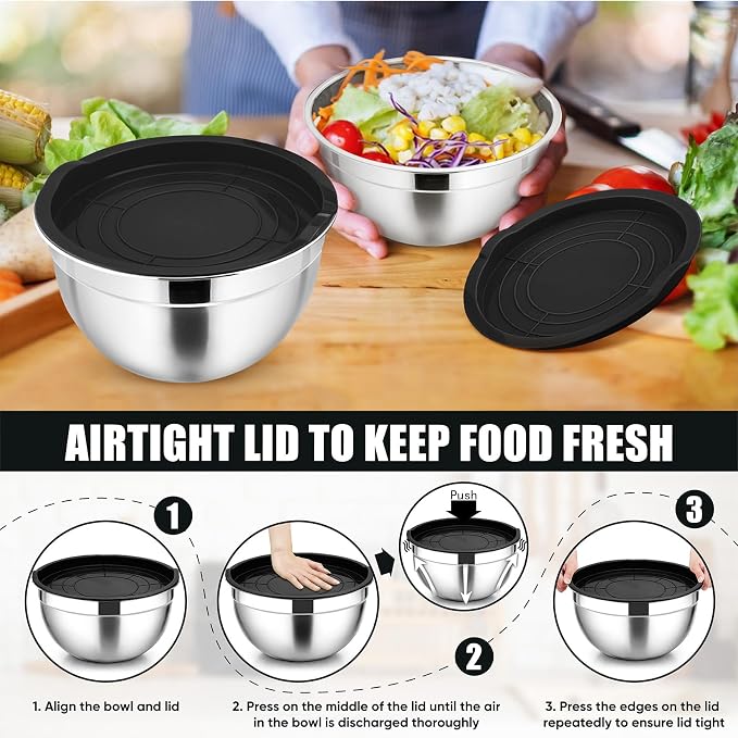 P&P CHEF Metal Mixing Bowls with Lids Set, Airtight Lids & Black | 5 PCS Stainless Steel Mixing Nesting Bowls for Kitchen Prepping, Storing, Healthy & Easy Clean, Size 4.6, 3, 1.5, 1, 0.7 QT