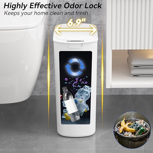 FRESHLIX Automatic Motion Sensor Bathroom Trash Can with Lid, 5 Gallon Touchless Trash Bin,Smart Electric Narrow Waterproof Garbage Bin for Toilet, Office, Bedroom, Living Room, Dorm (White