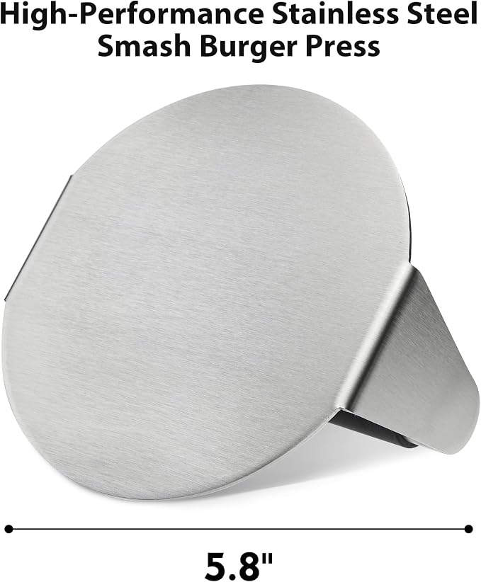 FANGSUN Stainless Steel Burger Press, 5.8 Inch Burger Smasher for BBQ | Heat-Resistant Handle, Dishwasher Safe, Easy Cleanup, Round Flat Base, Smooth Surface, Griddle & Flat Top Grill Use