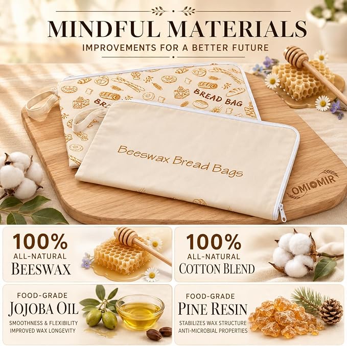2 Pack XL Beeswax Bread Bags, Wide Zipper Reusable Sourdough Loaf Storage | Natural beeswax & cotton-flax blend. Zipper-seal keeps artisan bakes & produce fresher for longer. Fridge & freezer ready