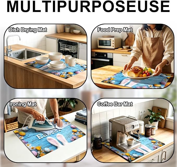 Happy Easter Bunny Ears Blue Wood Stove Top Cover for Electric Stove, Glass Cooktop Protector Mat with Anti-Slip Rubber Base, Scratch-Resistant, Expands Counter Space, Holiday Decor