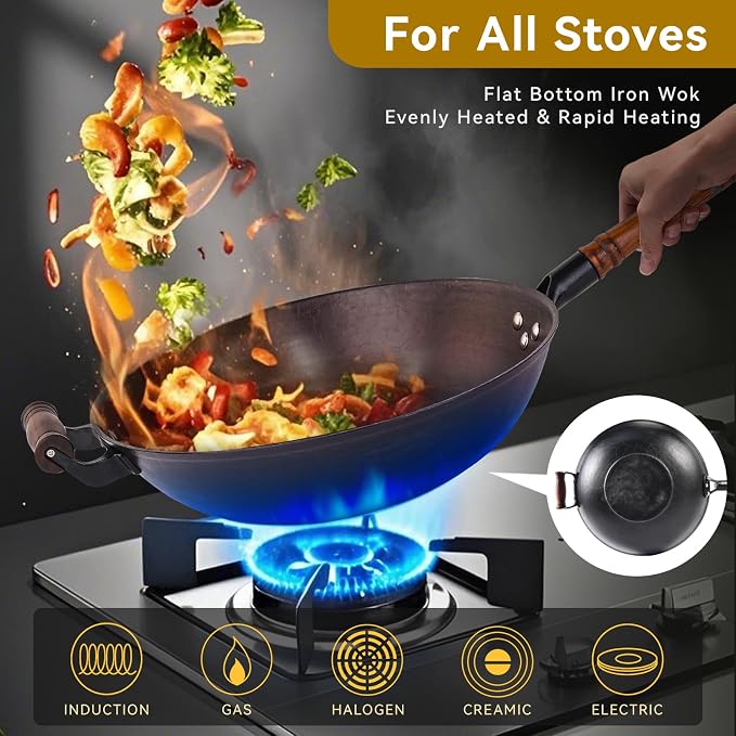 WANGYUANJI 12.6" Cast Iron Wok with Glass Lid, Flat Bottom | Uncoated cast iron wok with glass lid for stir-frying on induction, gas and electric stoves.