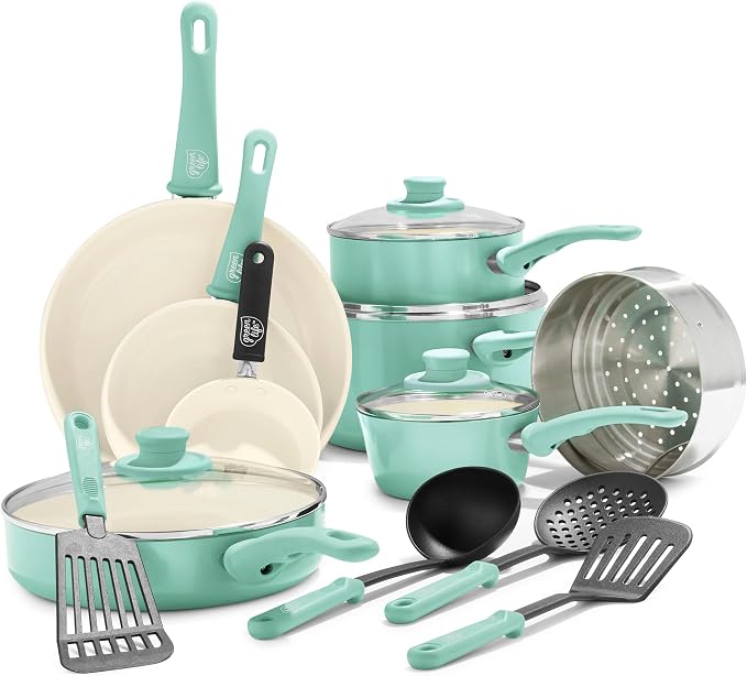 GreenLife 16 Piece Ceramic Nonstick Pots & Pans Cookware Set, Turquoise | PFAS-Free Ceramic Nonstick, Stockpot, Frying Pans, Saucepans, Sauté Pan, Stay-Cool Handles, Dishwasher & Oven Safe up to 350F
