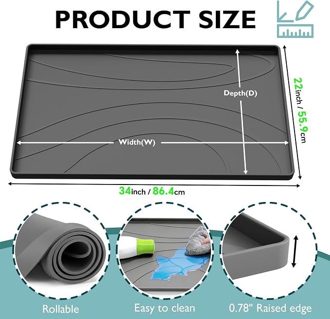 Under Sink Mat 34" x 22", Silicone Under Sink Liner for Kitchen and Bathroom, Waterproof Cabinet Protector Drip Tray, Protects Cabinets from Leaks and Spills