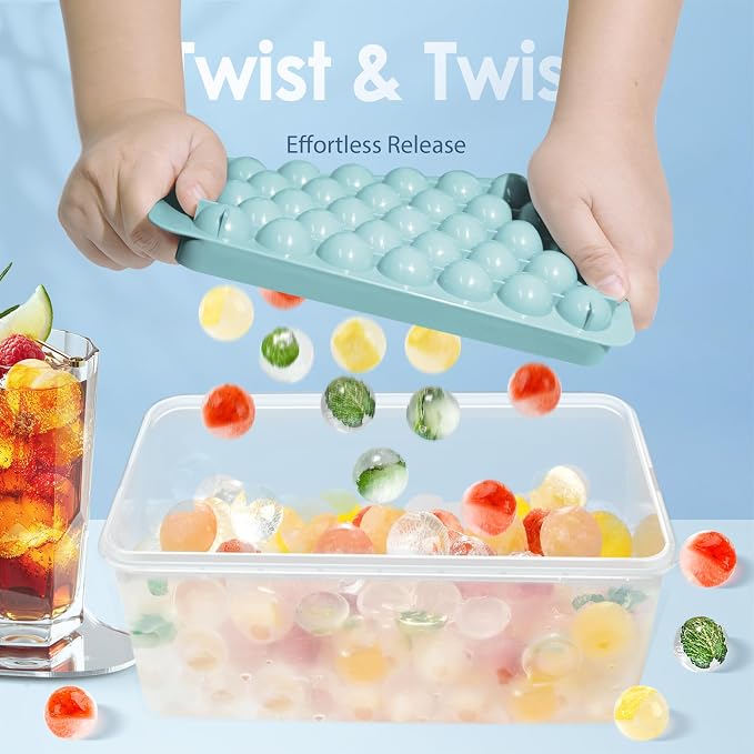 Ice Cube Tray with Lid and Bin, 0.8" Round Ice Trays for Freezer | 2 Blue Ice Cube Trays with Ice Box & Scoop, 0.8" Round Ice Balls for Iced Coffee & Juice, Easy Twist Release, For Gatherings
