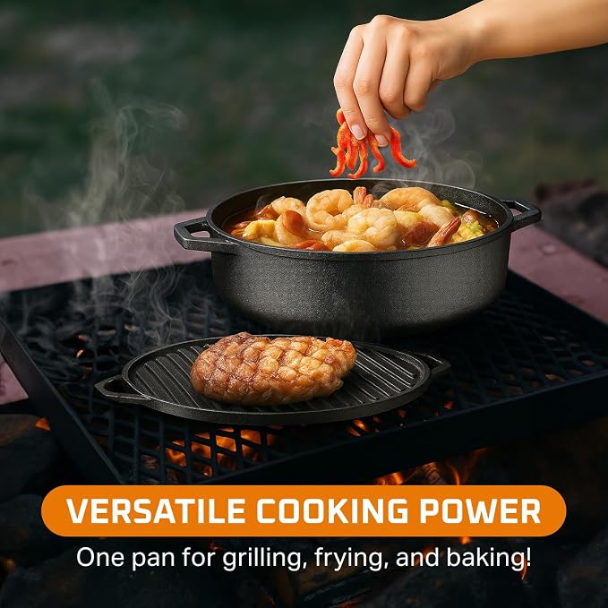 Bruntmor 6.8 Quart Cast Iron Skillet with Reversible Grill Griddle Lid - 3-in-1 Round Cast Iron Pan for Frying, Grilling, Dutch Oven Cooking - Roasting Pan with Lid, Camping Cookware, Black