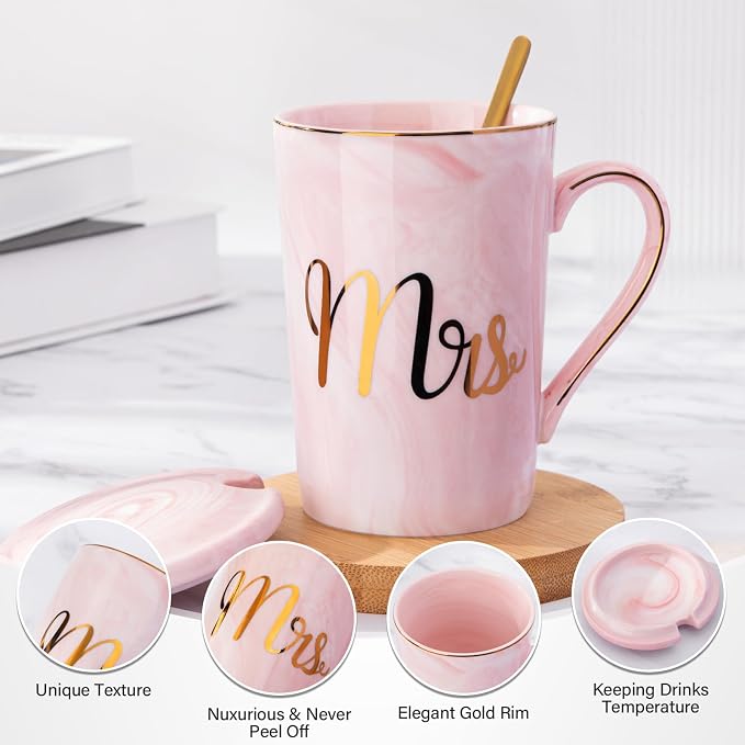 Biching Wedding Gifts for Couples 2026, Bridal Shower Engagement Gift | Gifts for Anniversary Bride and Groom, 14oz Ceramic Mr and Mrs Mug Set with Real Gold Foil, Greeting Card, Gift Box