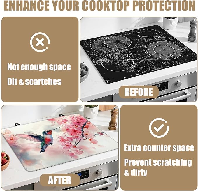 HummingBird Cherry Blossom Stove Top Covers for Electric Stove, Spring Flower Electric Gas Stove Pad Heat Resistant Range Cooktop Protector for Home Decor Kitchen 28"x20"