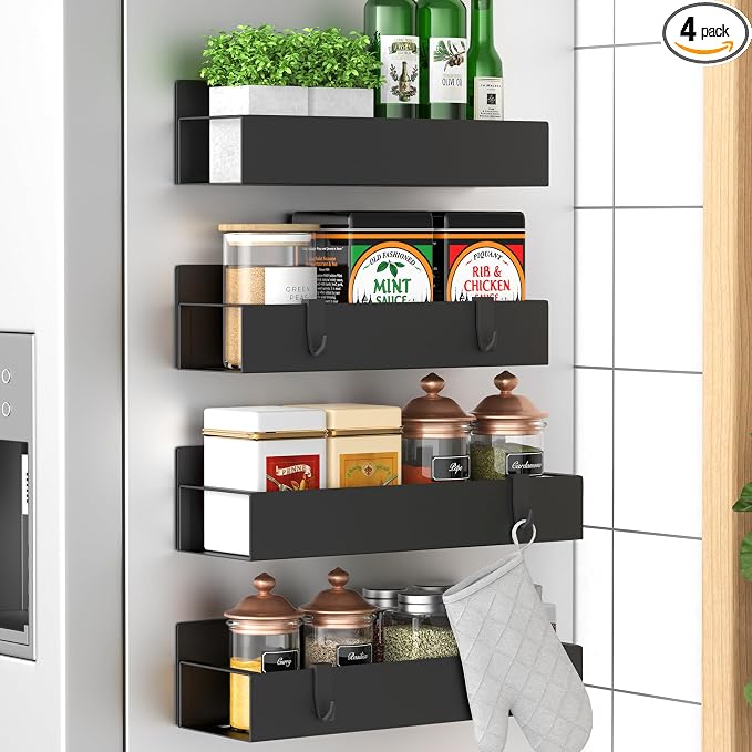 Metal Magnetic Spice Rack for Refrigerator Black, 4 Pack | Magnetic Shelves Heavy Duty for Fridge in Kitchen, Seasoning Storage Organizer, For Oven Washer and Dryer, For Heavier Items