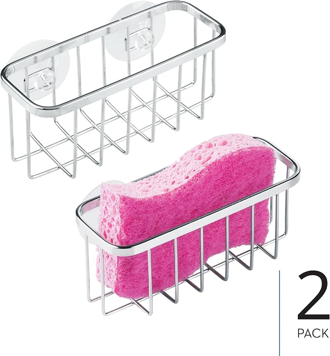 iDesign Stainless Steel Suction Sponge Holder, 2-Pack, Polished | Kitchen Sink Caddy Organizer