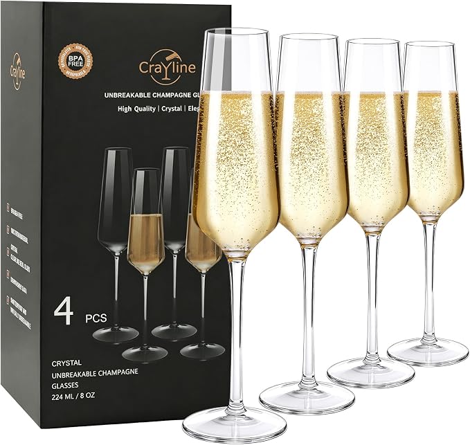 Plastic Champagne Flutes Set of 4 (8oz) |Reusable Plastic Champagne Glasses |100% Tritan & BPA Free |Dishwasher Safe| Awesome For Pool, Beach, Travel, Pool, Camping, Beach, Picnic, Everyday Use.