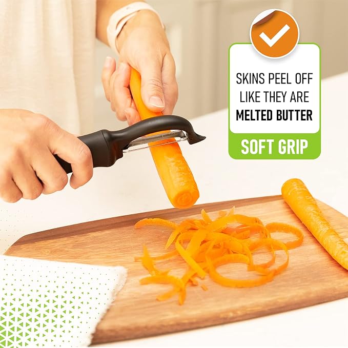 Spring Chef Swivel Vegetable Peeler for Kitchen w/Soft Grip Handle, Black | Premium Potato Peeler w/ Ultra Sharp Stainless Steel Blades, Multifunctional Veggie Peeler for Apple, Carrot, Cucumber, Fruit
